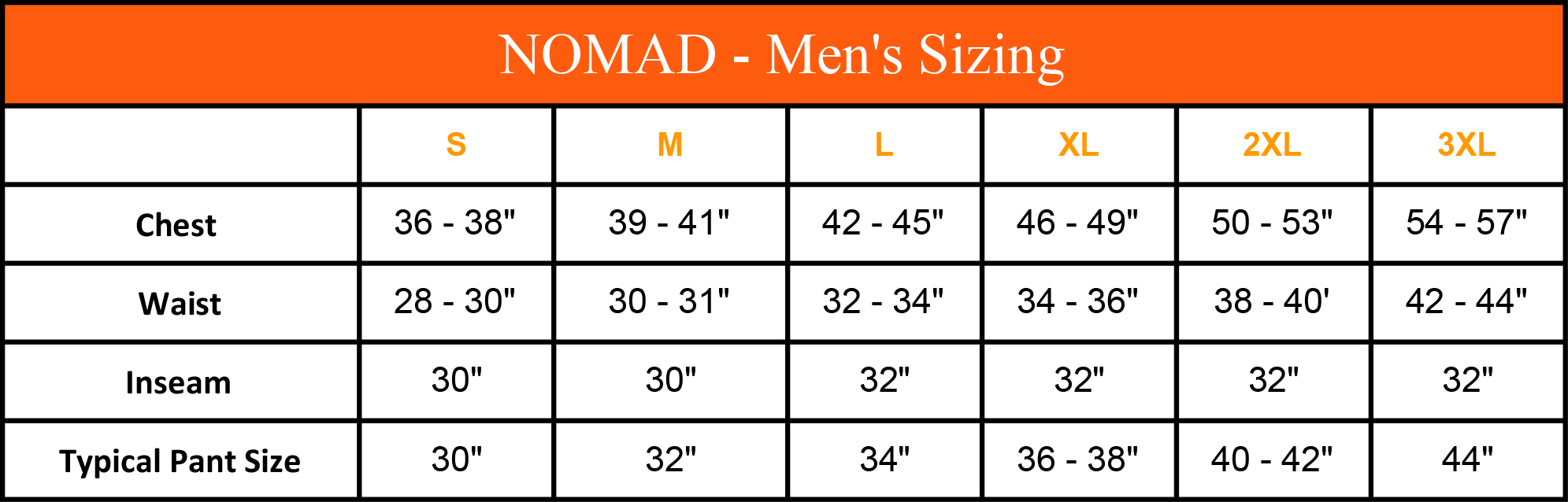 Hunting Clothing Size Chart