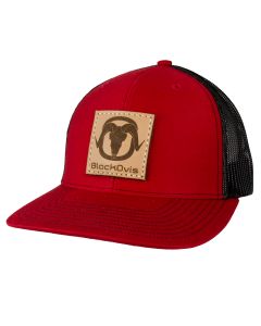 BlackOvis Leather Meshback Trucker Cap - Red/Black - Square