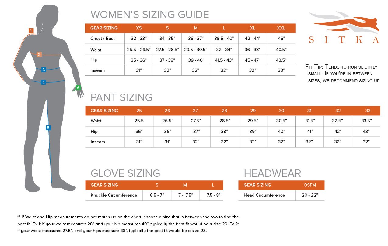 Sitka Women's Size Chart